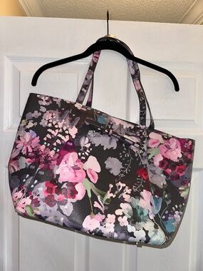 Indigo Floral Faux Leather Tote Bag Grey Pink, Purple & Black